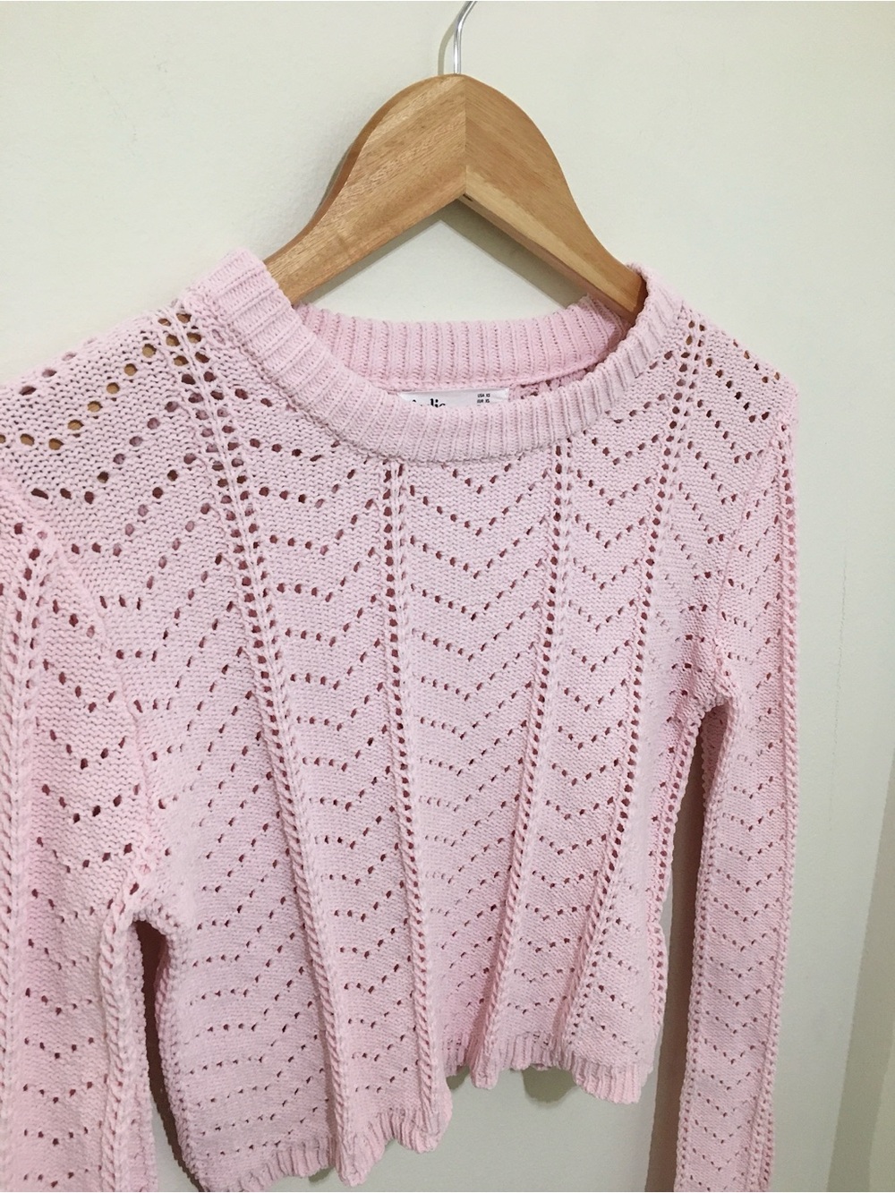 Light Pink Knit Cropped Eyelet Sweater, Size XS - Picture 2 of 5